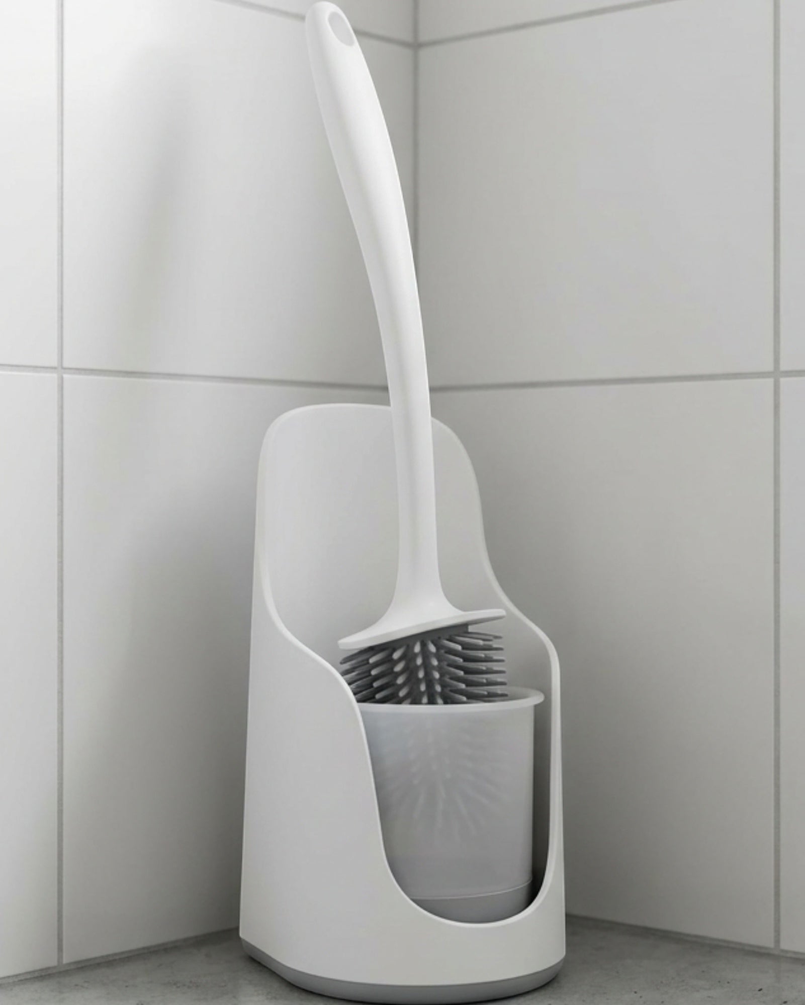 Gndyj Angled Rim Silicone Toilet Brush Double Holder White - Lifestyle view